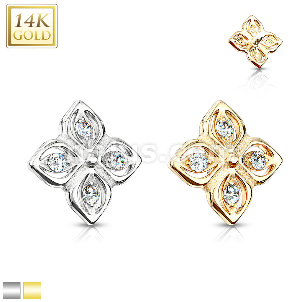 14KT  Gold 14K Gold 4 CZ Paved Petal Flower Dermal Anchor Top - Image 2