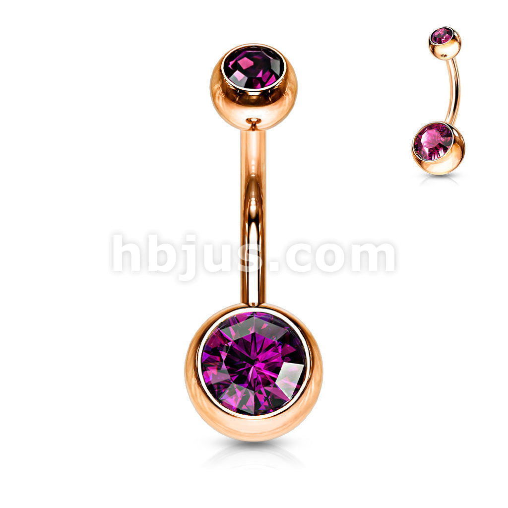 Double Gemed Basic Navel Ring Rose Gold IP Over 316L Surgical Steel - Image 3