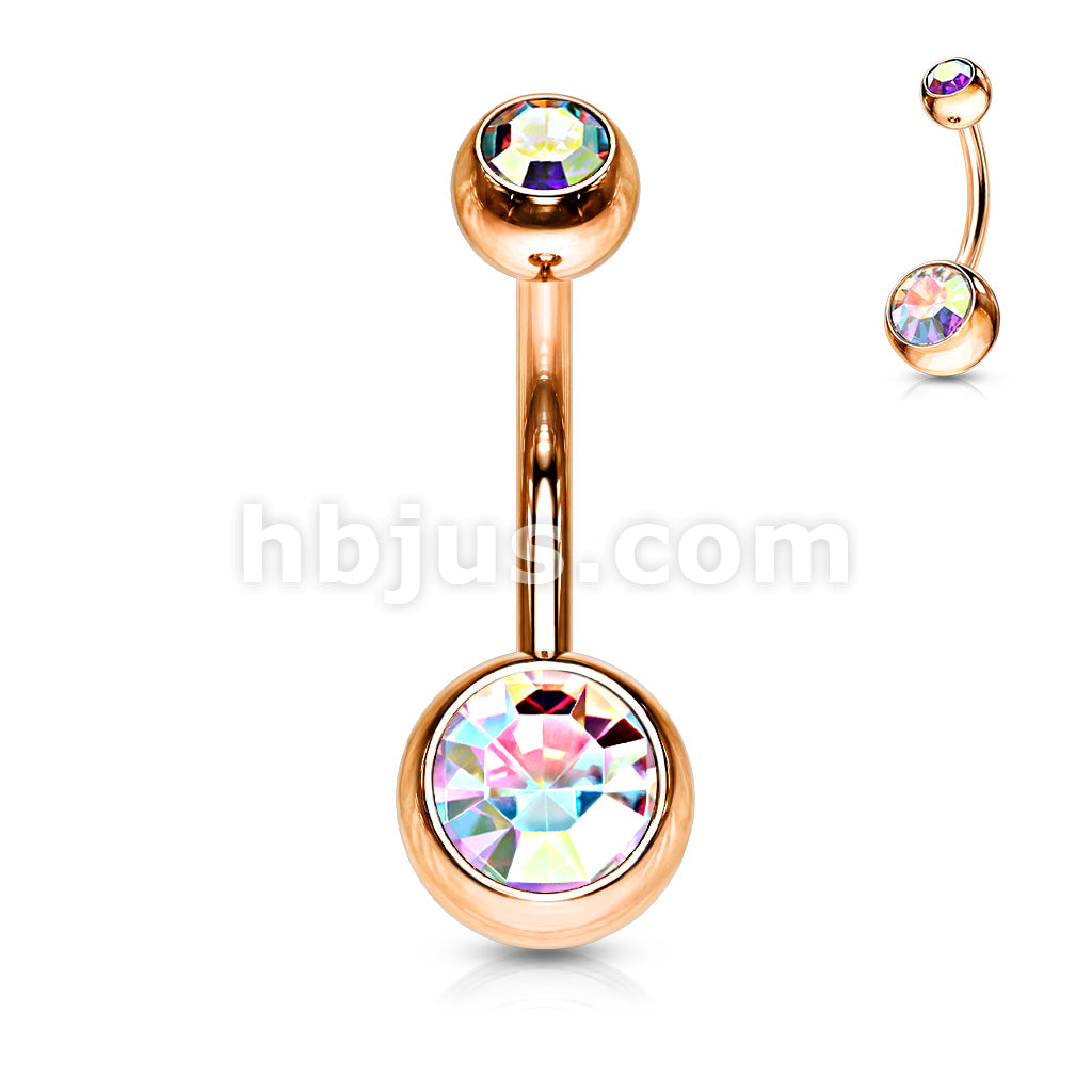 Double Gemed Basic Navel Ring Rose Gold IP Over 316L Surgical Steel - Image 4