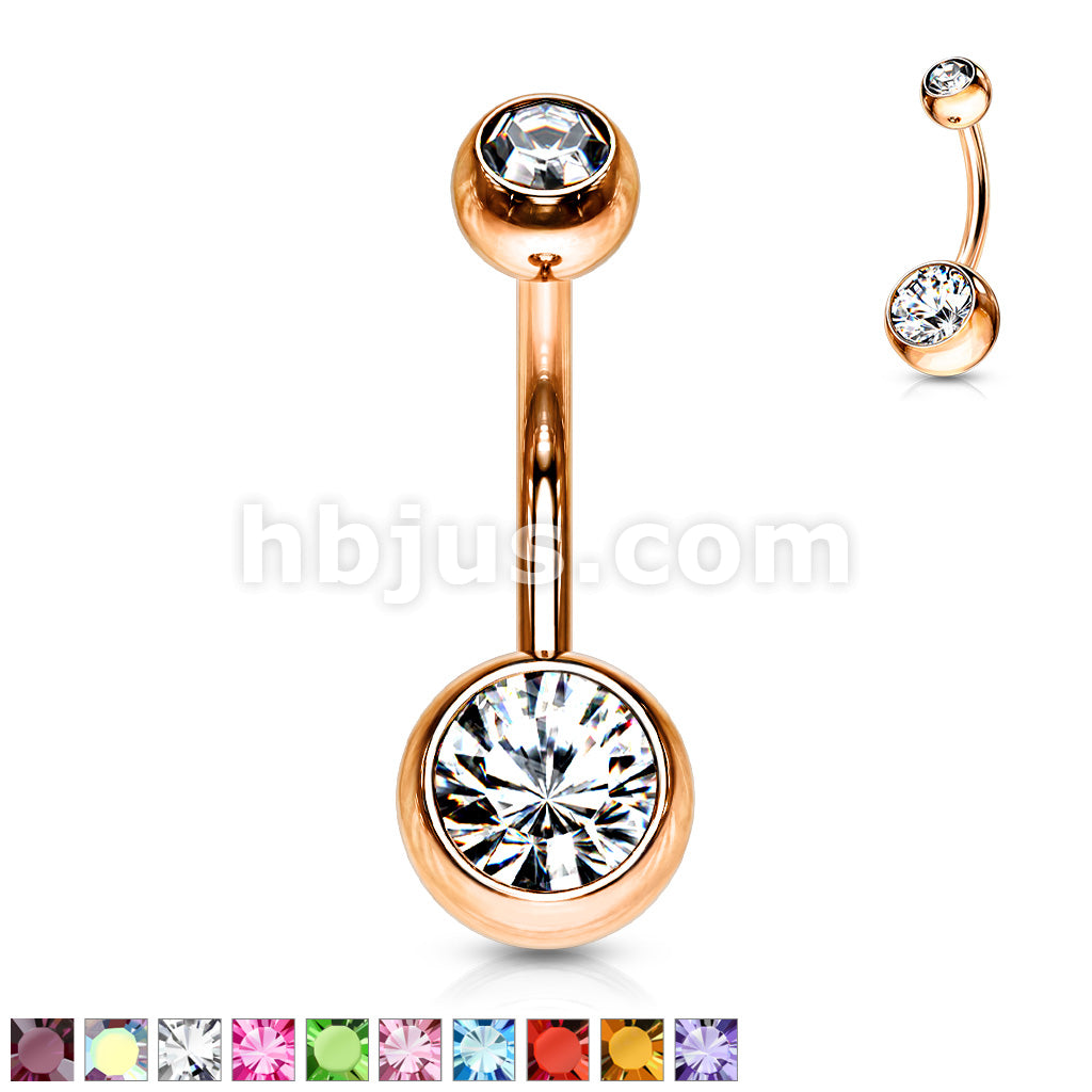 Double Gemed Basic Navel Ring Rose Gold IP Over 316L Surgical Steel - Image 2