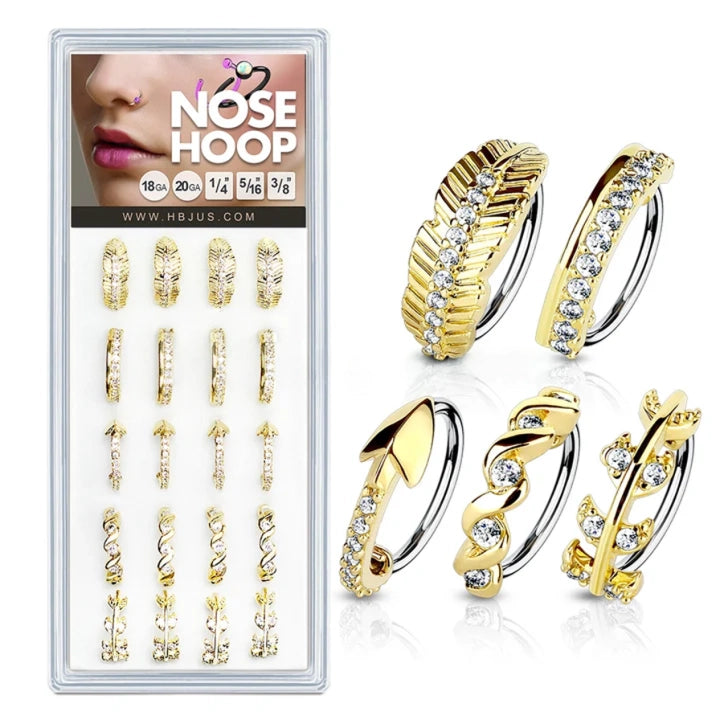 Gold IP316L Surgical Steel Nose Hoop Rings Pack (5 Styles x)