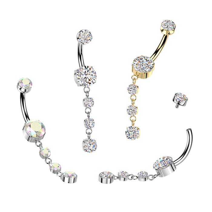 Implant Grade Titanium Internally Threaded Double Prong Set CZ Belly Button Ring With 3 Round Prong Set CZ Dangle