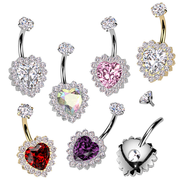 Implant Grade Titanium Internally Threaded CZ Heart Belly Button Ring With CNC CZ Pave Edge