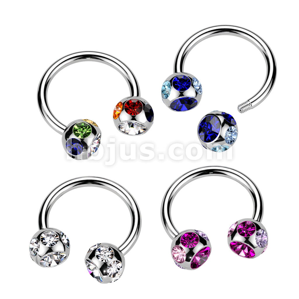 316L Surgical Steel Circular (Horseshoes) with 7-Gem Paved 6mm Ball 80pc Pack (20pcs x 4 colors) 