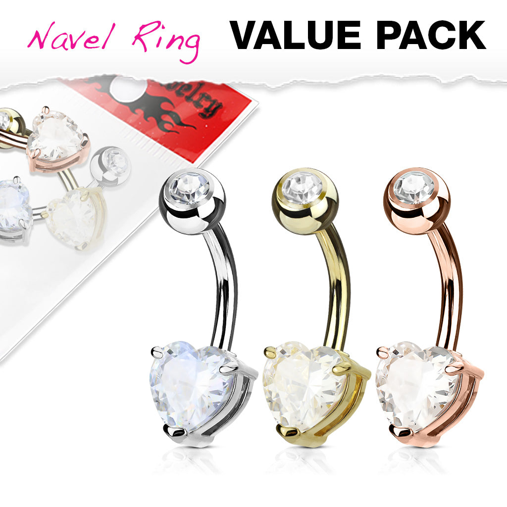 Heart CZ Prong Set 14Kt. Gold Plated316L Surgical Steel Belly Button Navel Ring