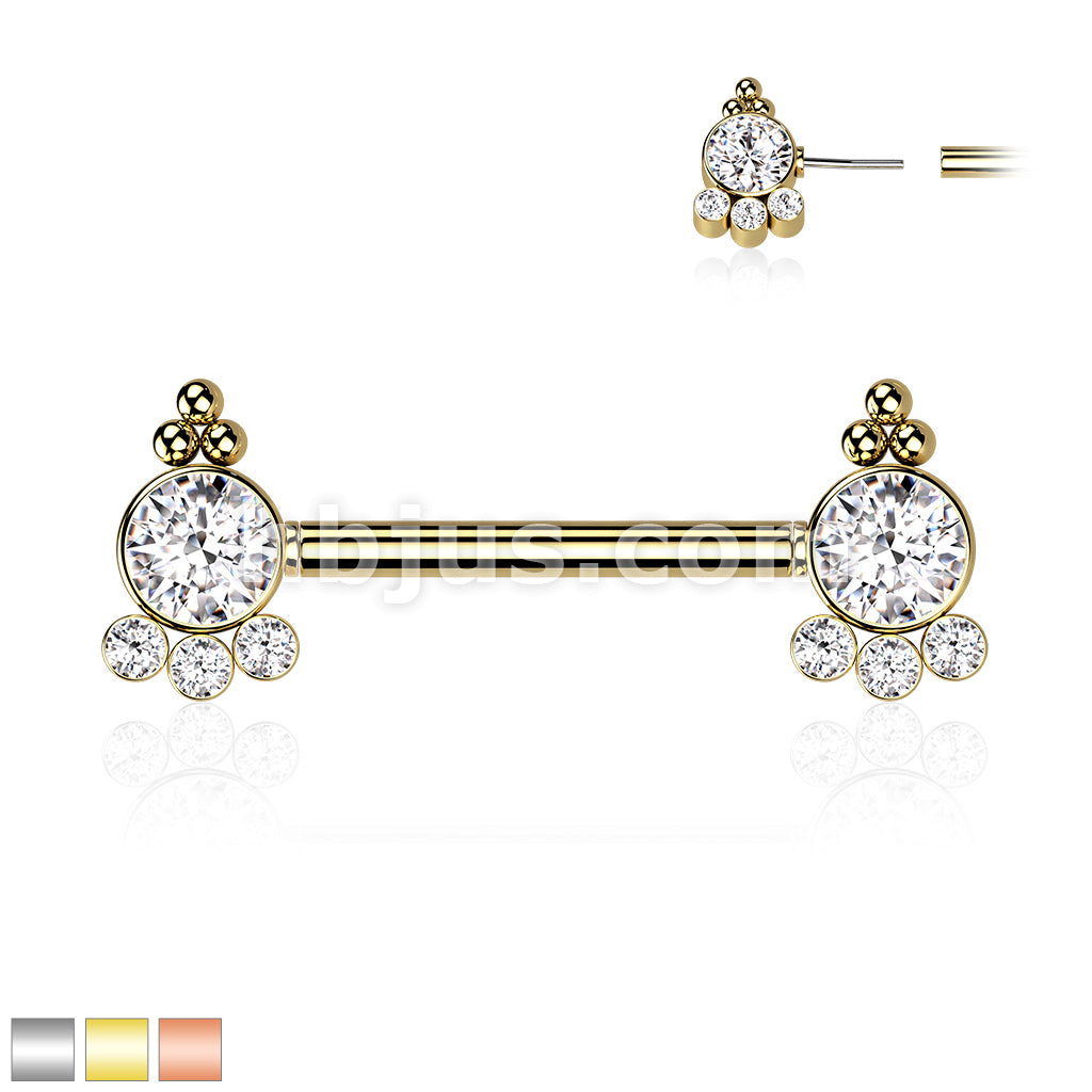 316L Surgical Steel Threadless Push In Nipple Barbell with 4 CZ and... - Image 2