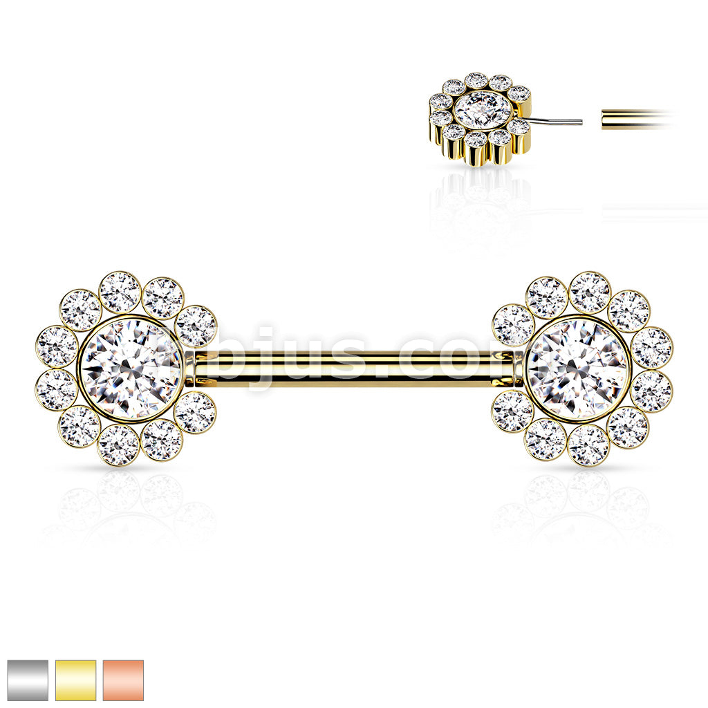 316L Surgical Steel Threadless Push In Nipple Barbell with 11 CZ Flower... - Image 2