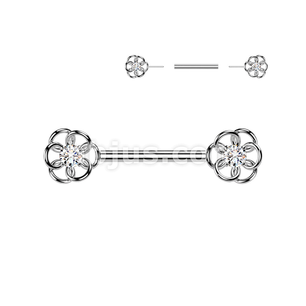 316L Surgical Steel 316L Threadless Push In CZ Center Flower Nipple Barbell - Image 2