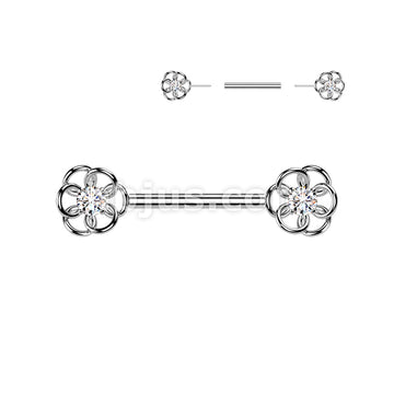 316L Surgical Steel 316L Threadless Push In CZ Center Flower Nipple Barbell - Image 2