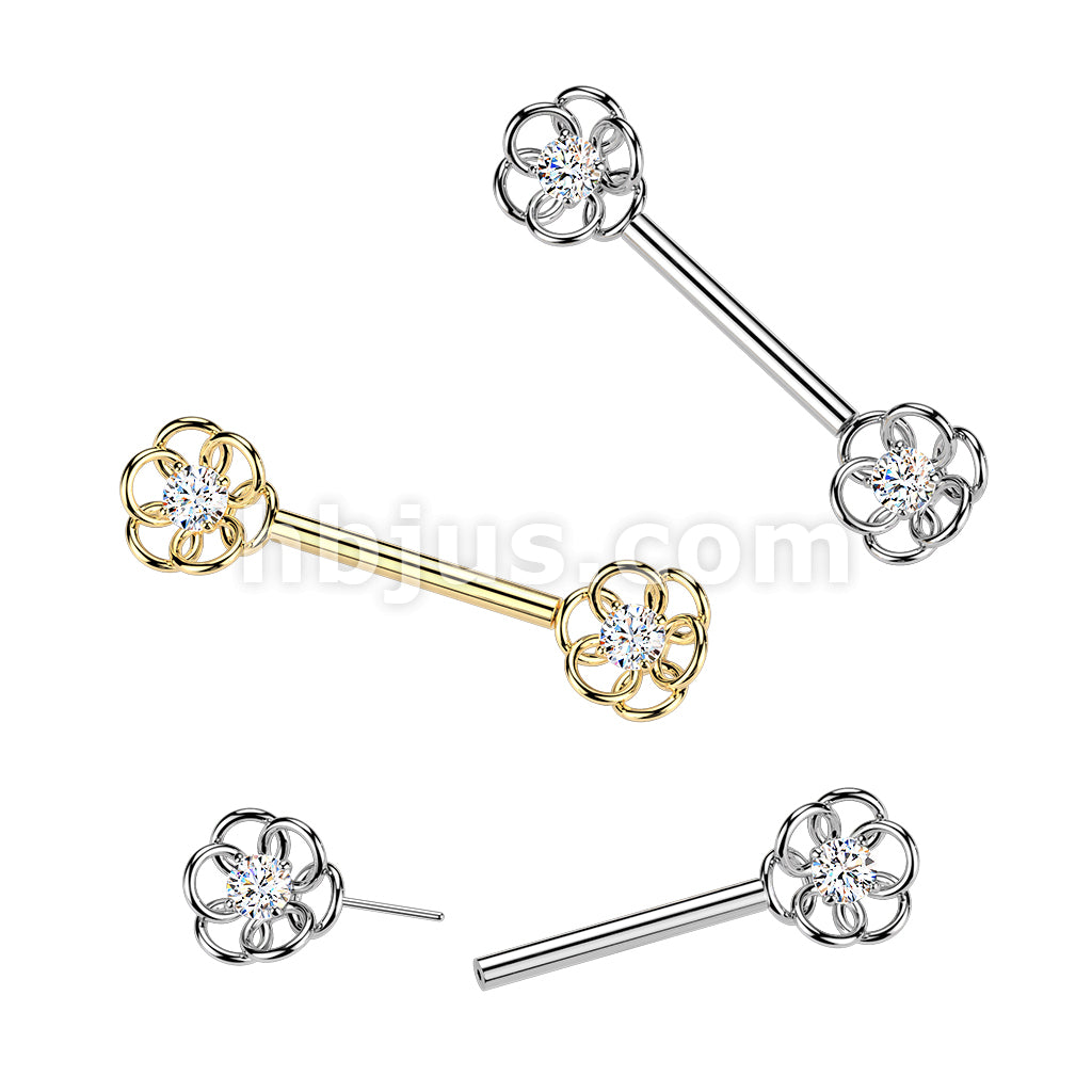 316L Surgical Steel 316L Threadless Push In CZ Center Flower Nipple Barbell