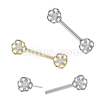 316L Surgical Steel 316L Threadless Push In CZ Center Flower Nipple Barbell