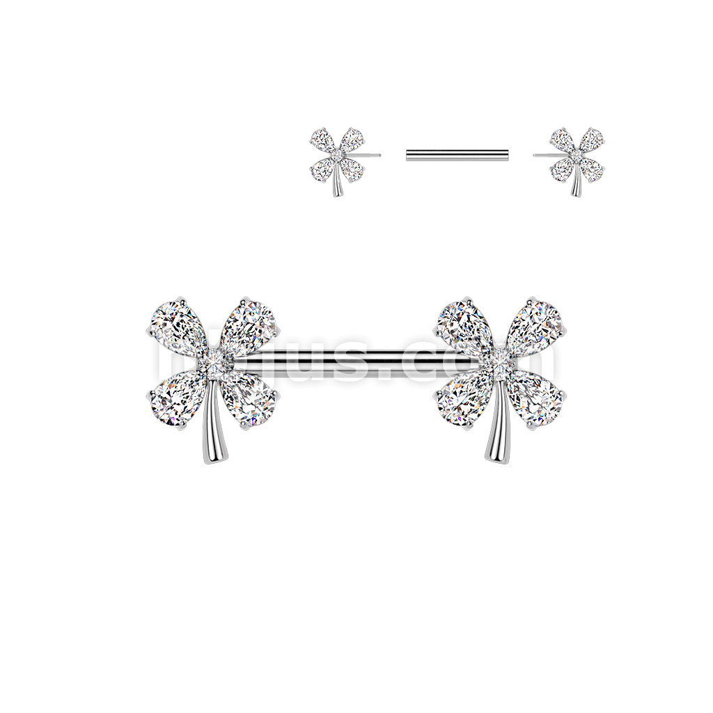 316L Surgical Steel 316L Threadless Push In CZ 4 Leaf Clover Nipple Barbell - Image 2
