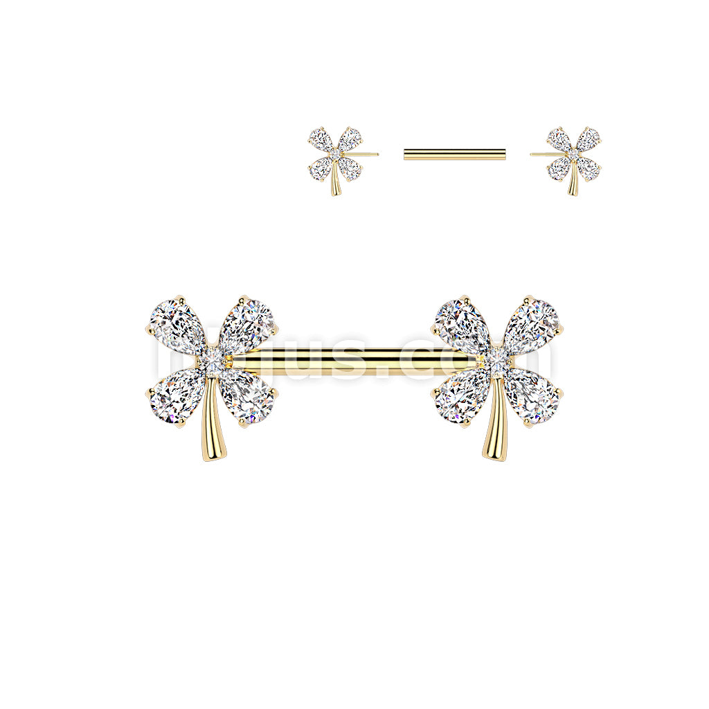 316L Surgical Steel 316L Threadless Push In CZ 4 Leaf Clover Nipple Barbell - Image 3