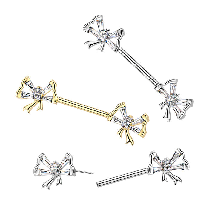 316L Surgical Steel 316L Threadless Push In Baguette CZ Bowtie Nipple...