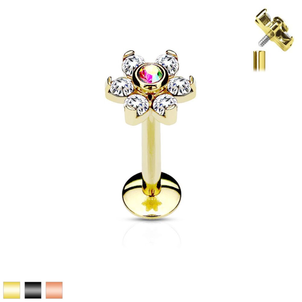 IP OverAll 316L Surgical Steel Internally Threaded 6-Gem Flower Top...