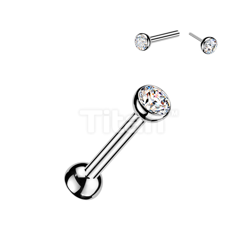 Titanium Threadless Push In Cartilage Barbell With Bezel Set CZ Ends & One Fixed Ball - Image 2