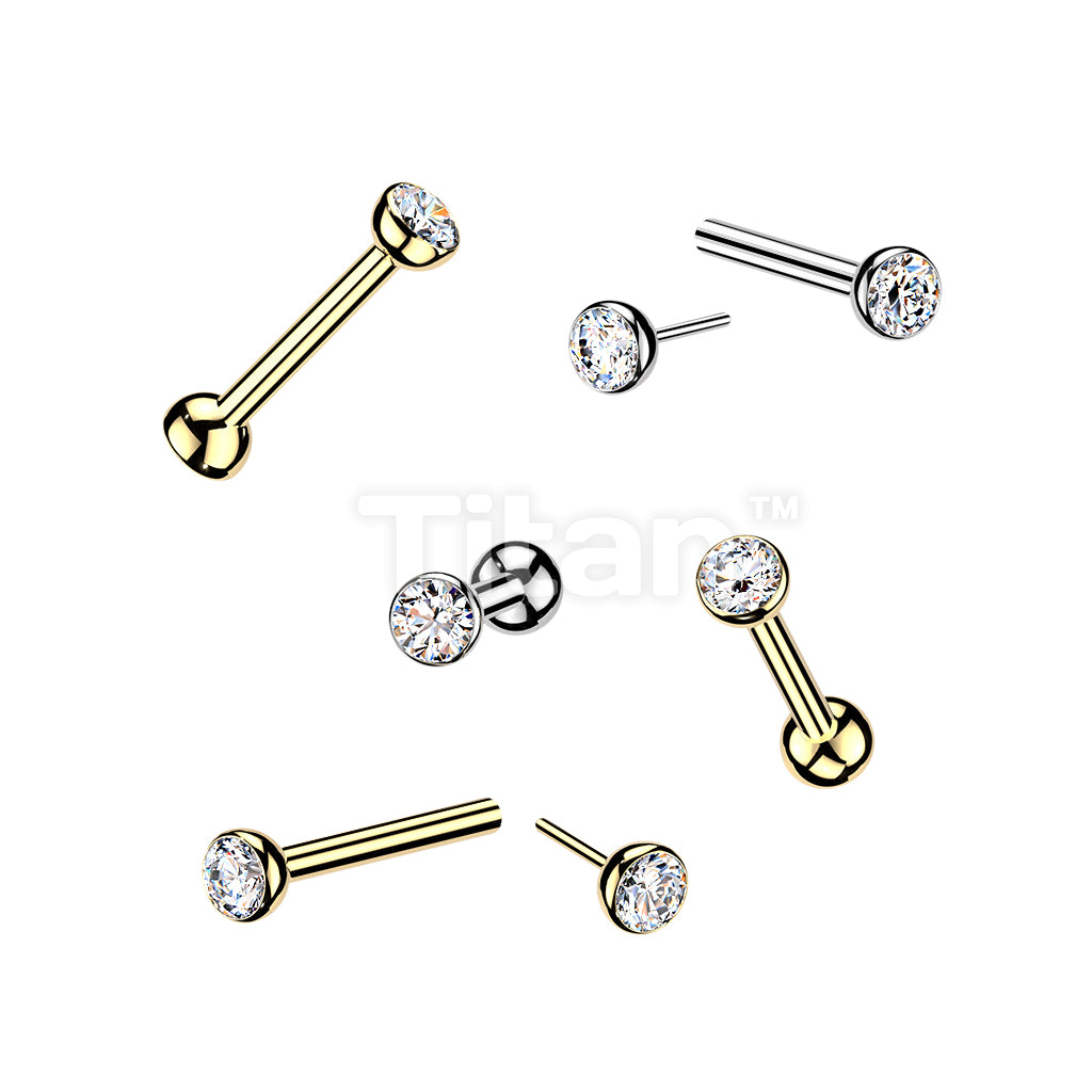 Titanium Threadless Push In Cartilage Barbell With Bezel Set CZ Ends & One Fixed Ball