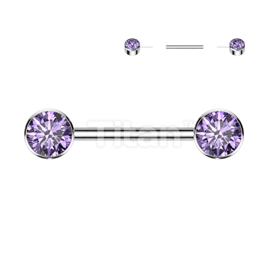 Implant Grade Titanium Threadless Push in Nipple Barbell With Forward Facing Bezel Set CZ Flat Ends - Image 2