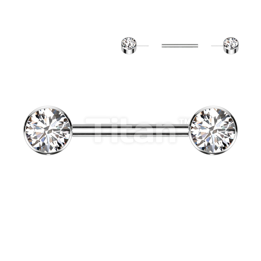 Implant Grade Titanium Threadless Push in Nipple Barbell With Forward Facing Bezel Set CZ Flat Ends - Image 4