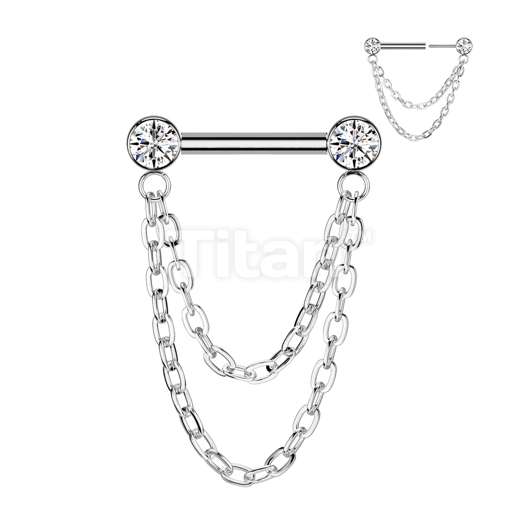 Implant Grade Titanium Threadless Push In Barbell With Forward Facing Bezel Set CZ Ends and Double Chain Dangle - Image 2