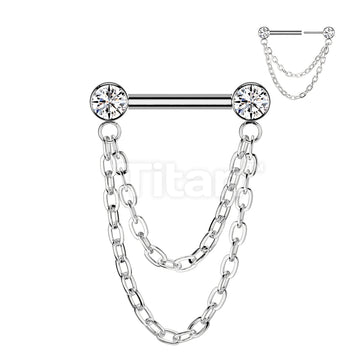 Implant Grade Titanium Threadless Push In Barbell With Forward Facing Bezel Set CZ Ends and Double Chain Dangle - Image 2