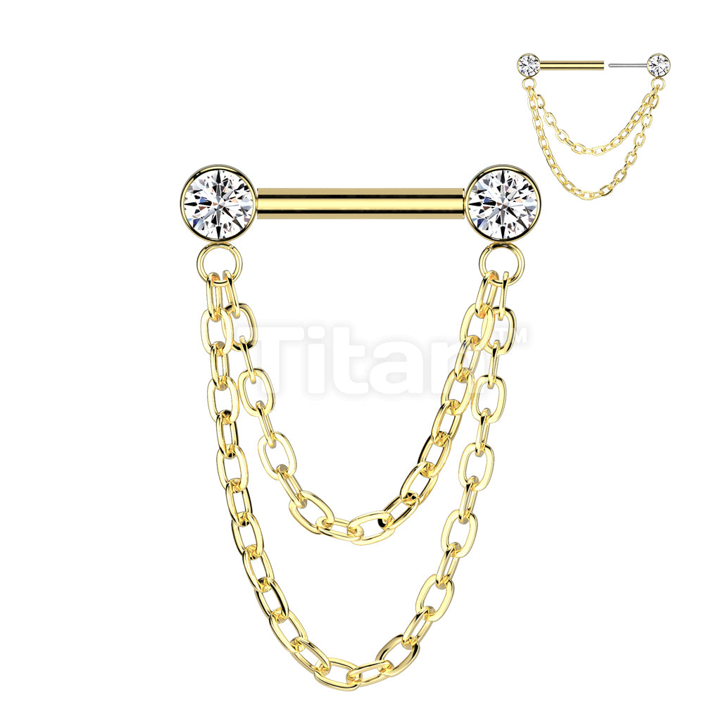 Implant Grade Titanium Threadless Push In Barbell With Forward Facing Bezel Set CZ Ends and Double Chain Dangle - Image 3