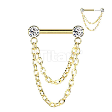 Implant Grade Titanium Threadless Push In Barbell With Forward Facing Bezel Set CZ Ends and Double Chain Dangle - Image 3