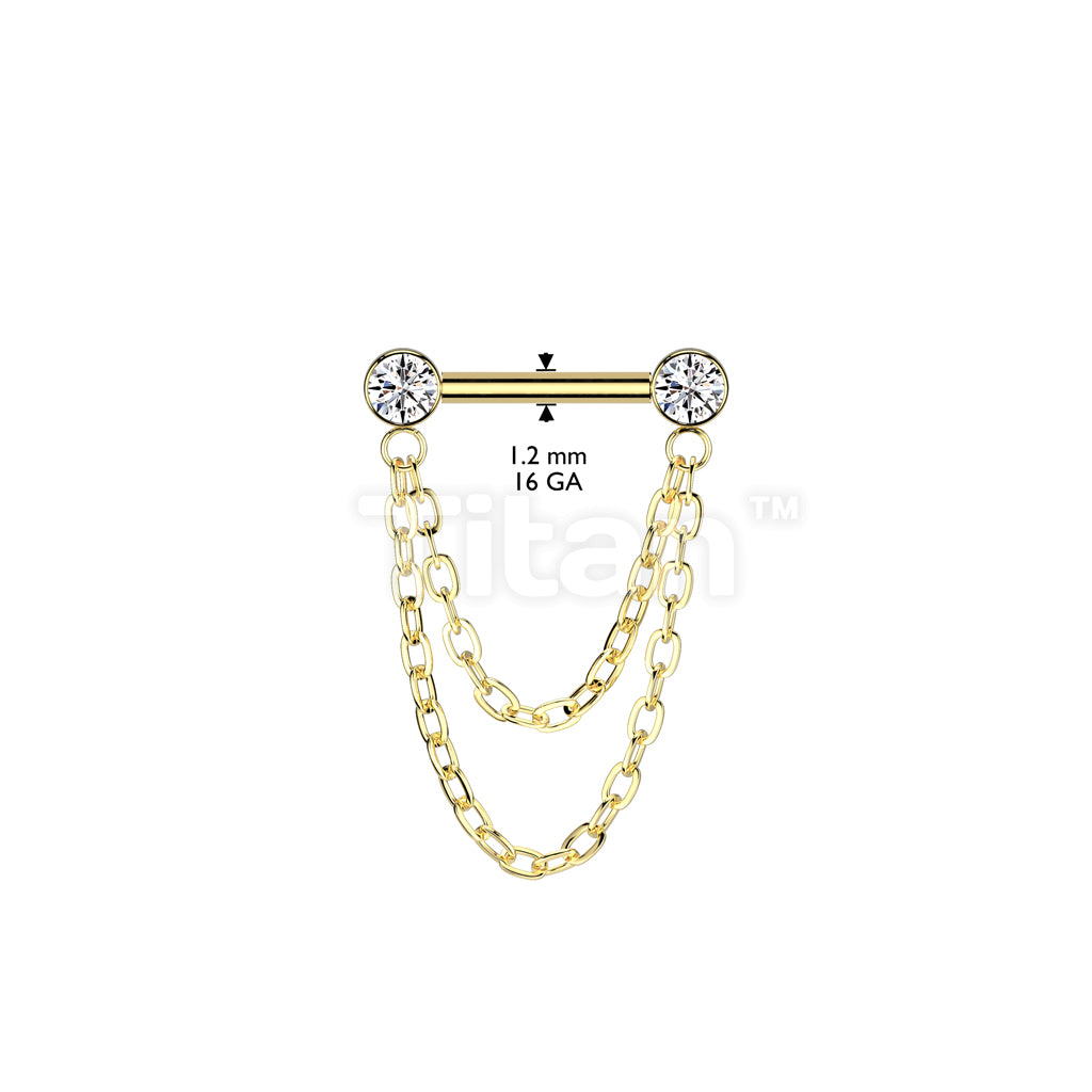 Implant Grade Titanium Threadless Push In Barbell With Forward Facing Bezel Set CZ Ends and Double Chain Dangle - Image 4