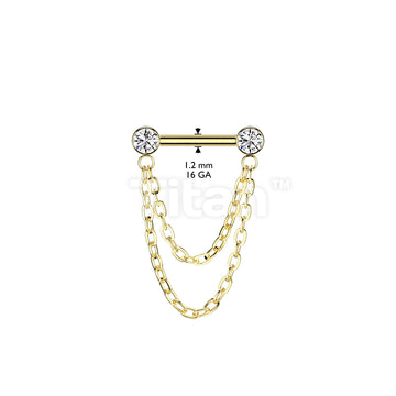 Implant Grade Titanium Threadless Push In Barbell With Forward Facing Bezel Set CZ Ends and Double Chain Dangle - Image 4