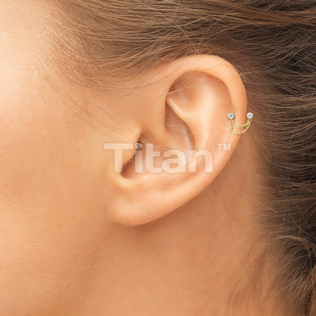 Implant Grade Titanium Threadless Push In Barbell With Forward Facing Bezel Set CZ Ends and Double Chain Dangle - Image 6