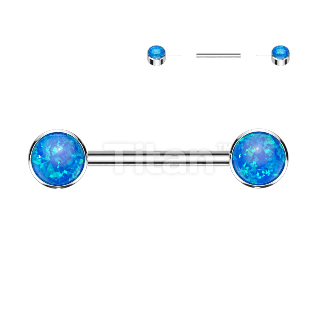 Implant Grade Titanium Threadless Push in Nipple Barbell With Forward Facing Bezel Set Opal Flat Ends - Image 2