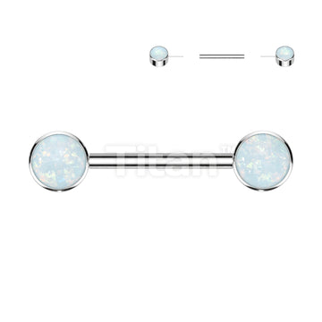 Implant Grade Titanium Threadless Push in Nipple Barbell With Forward Facing Bezel Set Opal Flat Ends - Image 3
