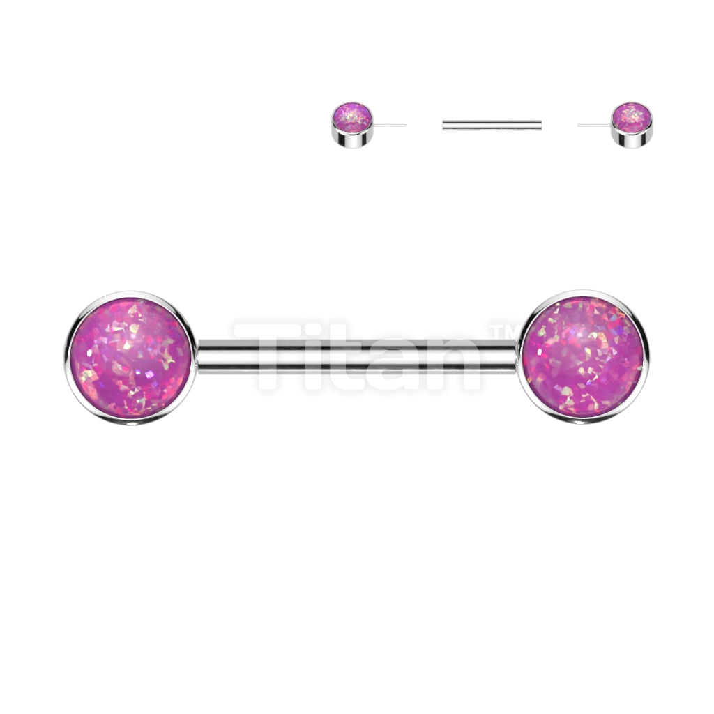 Implant Grade Titanium Threadless Push in Nipple Barbell With Forward Facing Bezel Set Opal Flat Ends - Image 4