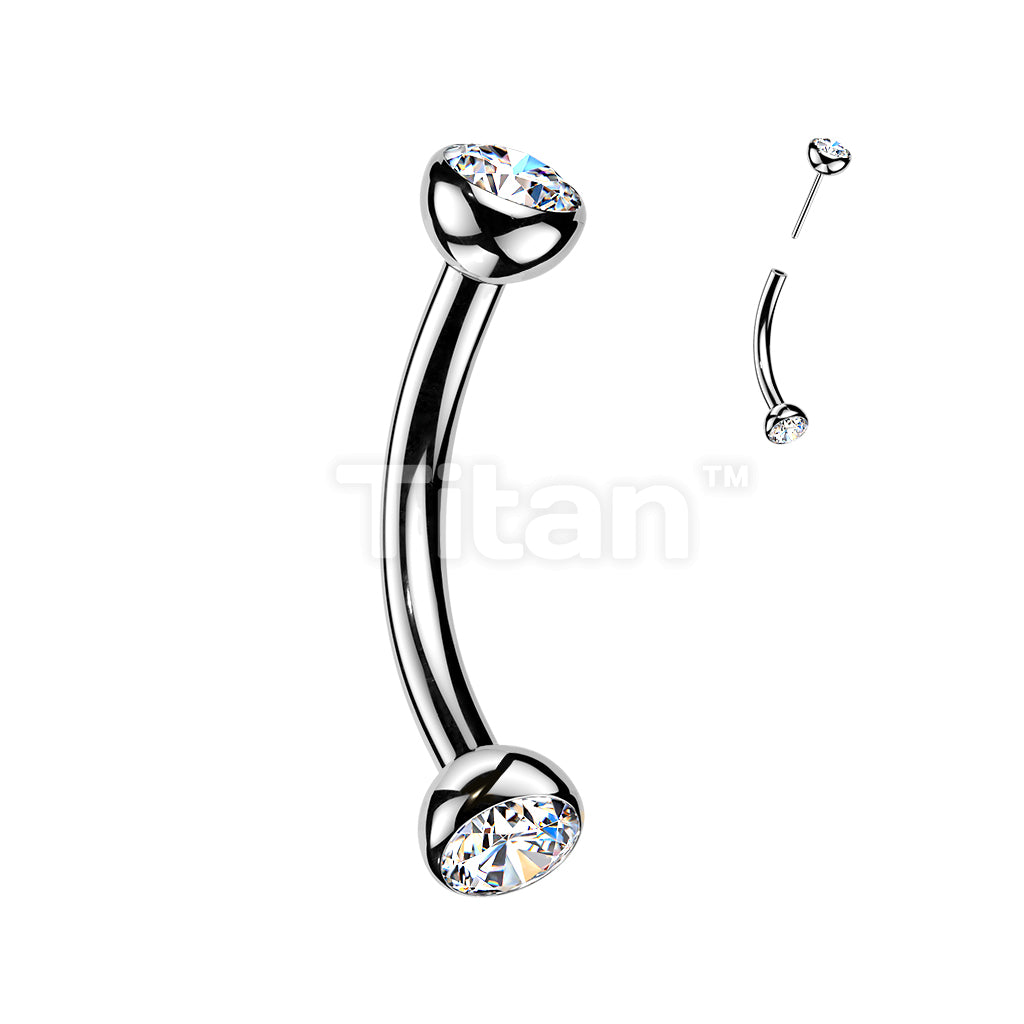 Titanium Threadless Push In Eyebrow Barbell With Bezel Set CZ Ends & One Fixed Ball - Image 2