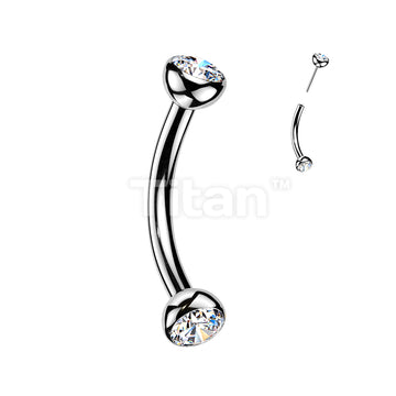Titanium Threadless Push In Eyebrow Barbell With Bezel Set CZ Ends & One Fixed Ball - Image 2