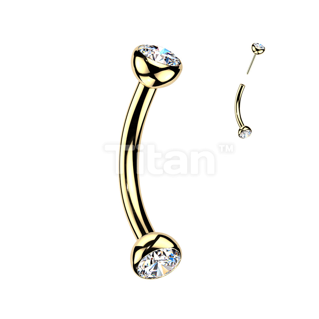 Titanium Threadless Push In Eyebrow Barbell With Bezel Set CZ Ends & One Fixed Ball - Image 3