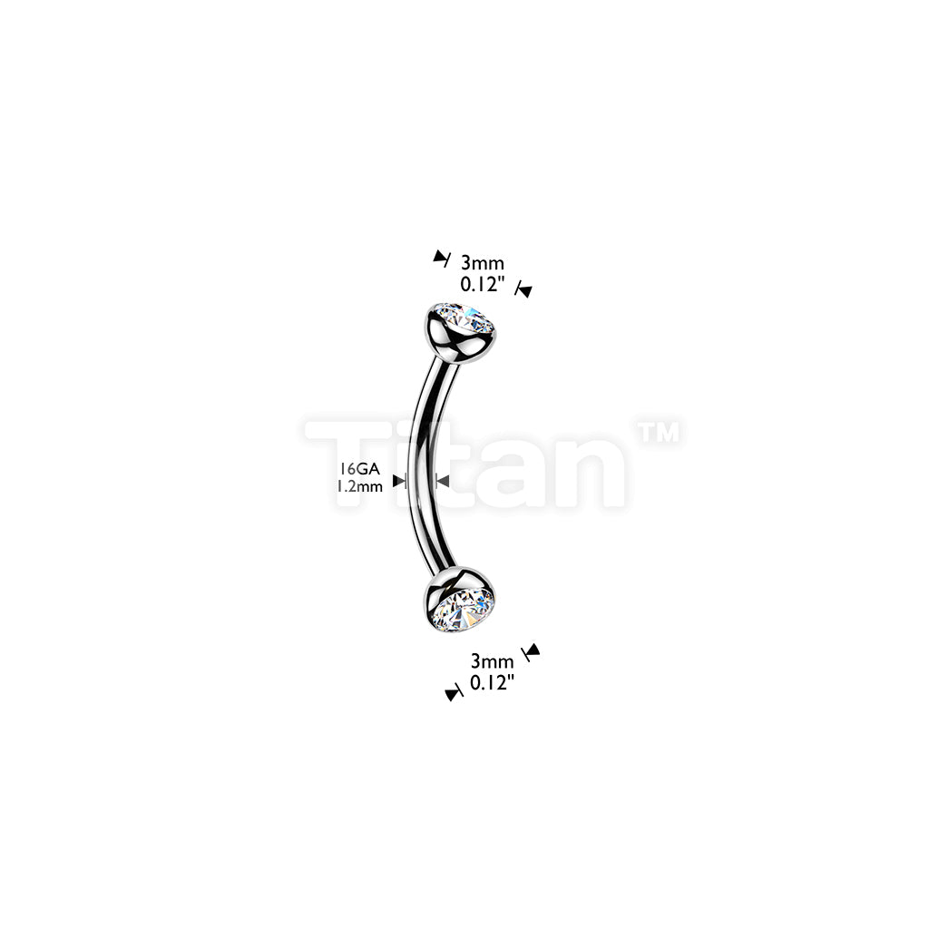 Titanium Threadless Push In Eyebrow Barbell With Bezel Set CZ Ends & One Fixed Ball - Image 4