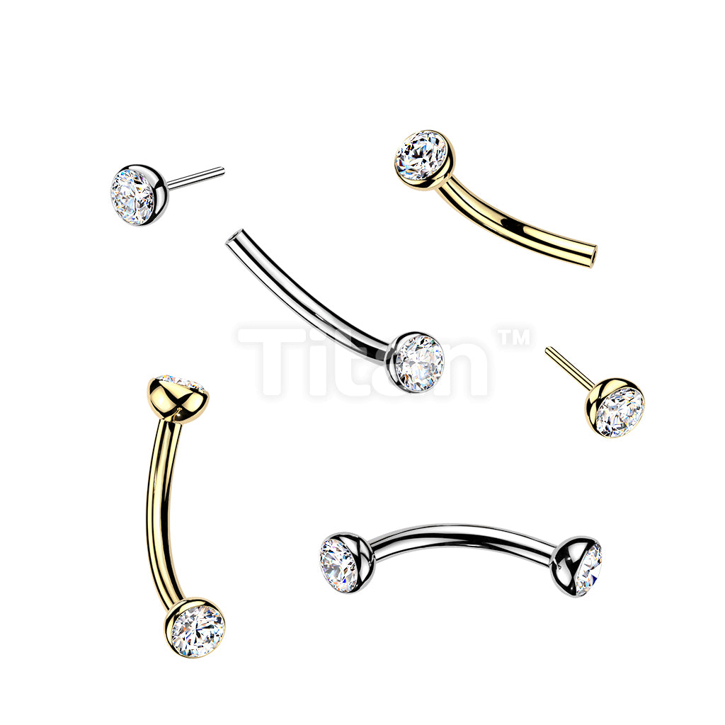 Titanium Threadless Push In Eyebrow Barbell With Bezel Set CZ Ends & One Fixed Ball
