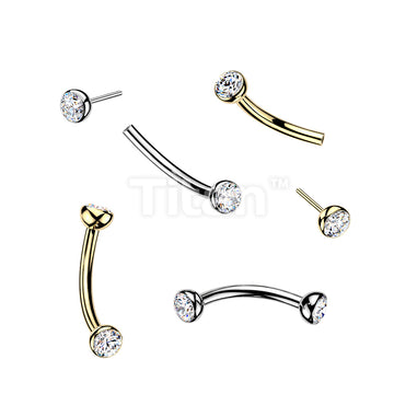 Titanium Threadless Push In Eyebrow Barbell With Bezel Set CZ Ends & One Fixed Ball