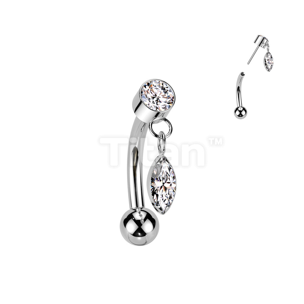 Implant Grade Titanium Threadless Push In Eyebrow Curved Barbell With Round Bezel Set CZ And Marquise CZ Dangle Top - Image 2