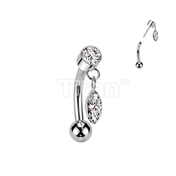 Implant Grade Titanium Threadless Push In Eyebrow Curved Barbell With Round Bezel Set CZ And Marquise CZ Dangle Top - Image 2