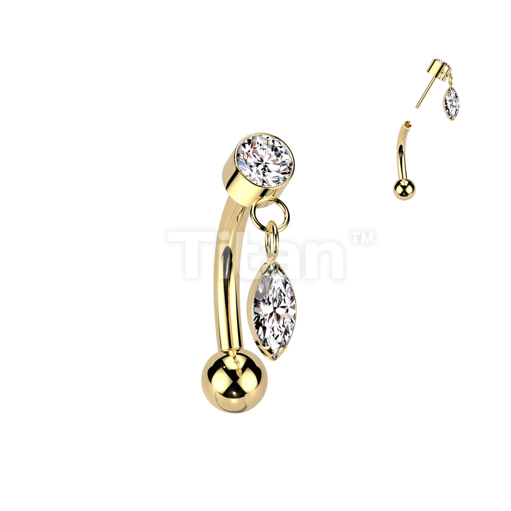 Implant Grade Titanium Threadless Push In Eyebrow Curved Barbell With Round Bezel Set CZ And Marquise CZ Dangle Top - Image 3