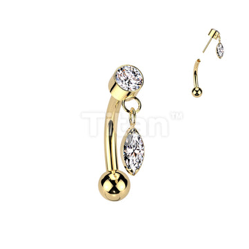 Implant Grade Titanium Threadless Push In Eyebrow Curved Barbell With Round Bezel Set CZ And Marquise CZ Dangle Top - Image 3