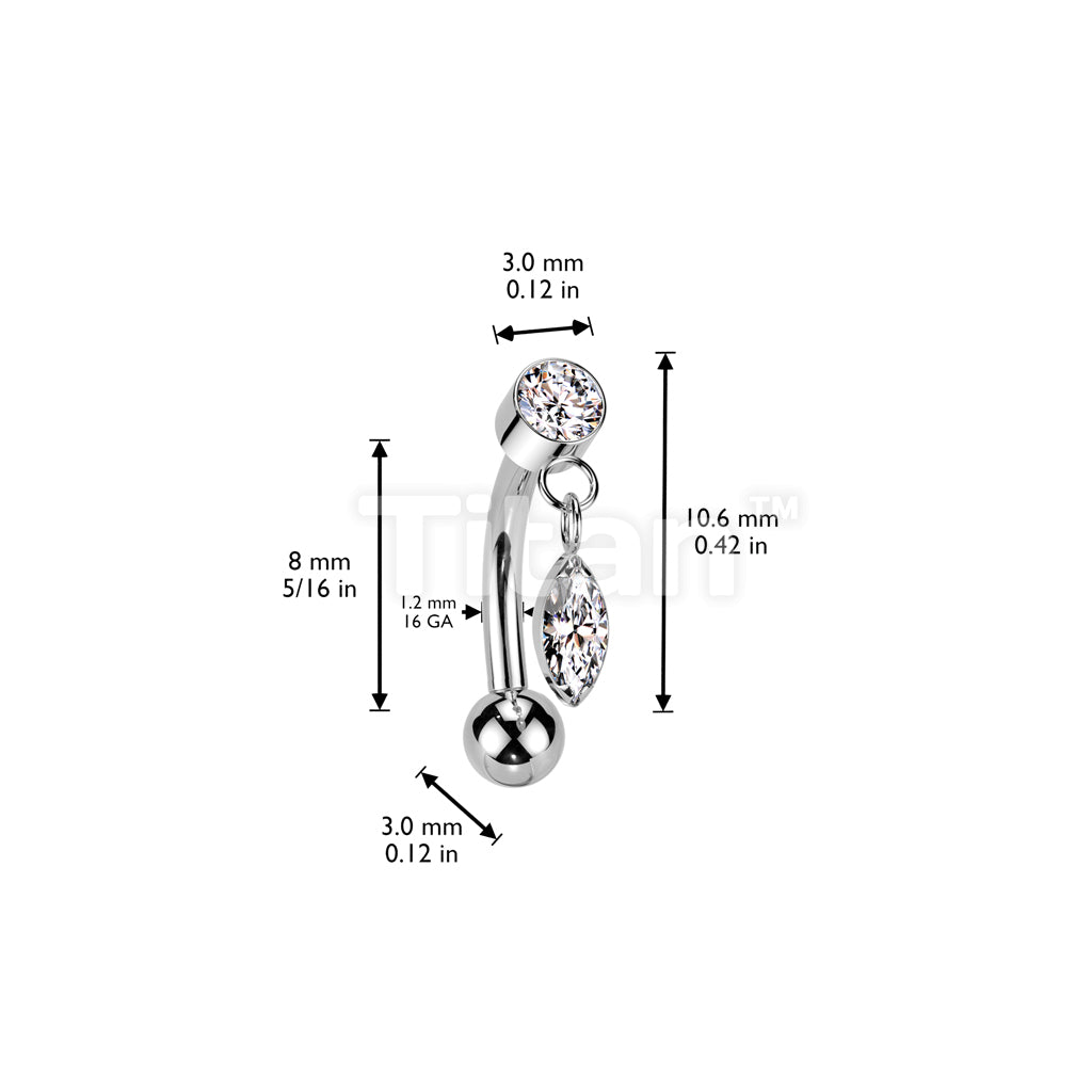 Implant Grade Titanium Threadless Push In Eyebrow Curved Barbell With Round Bezel Set CZ And Marquise CZ Dangle Top - Image 4