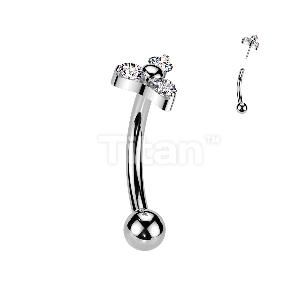 Implant Grade Titanium Threadless Push In Eyebrow Curved Barbell With Prong Set CZ Trinity Top - Image 2