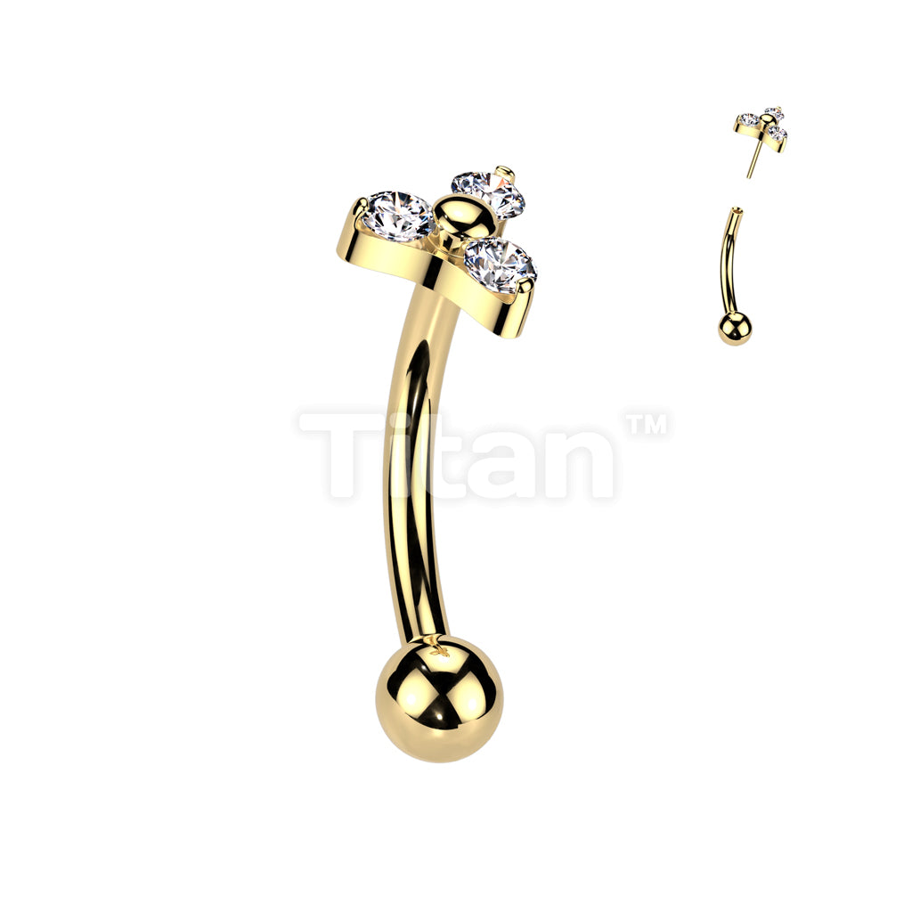 Implant Grade Titanium Threadless Push In Eyebrow Curved Barbell With Prong Set CZ Trinity Top - Image 3