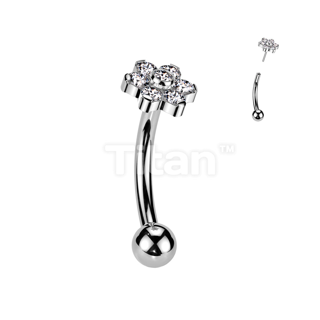 Implant Grade Titanium Threadless Push In Eyebrow Curved Barbell With Prong Set CZ Flower With Bezel Set CZ Center  - Image 2