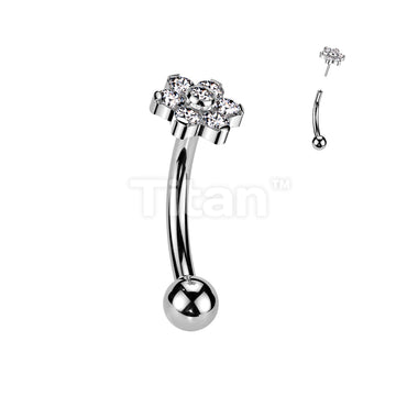 Implant Grade Titanium Threadless Push In Eyebrow Curved Barbell With Prong Set CZ Flower With Bezel Set CZ Center  - Image 2