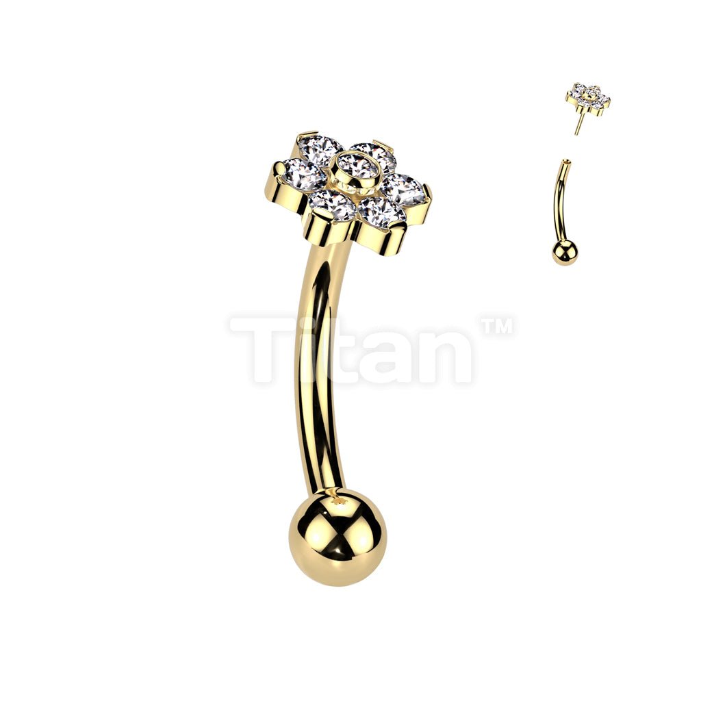 Implant Grade Titanium Threadless Push In Eyebrow Curved Barbell With Prong Set CZ Flower With Bezel Set CZ Center  - Image 3