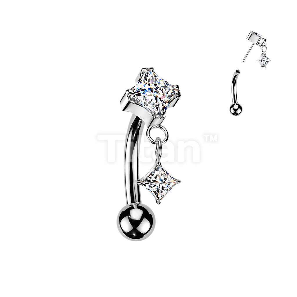 Titanium Threadless Push In Eyebrow Curved Barbell With Prong Set Diamond CZ Top and Diamond CZ Dangle - Image 2